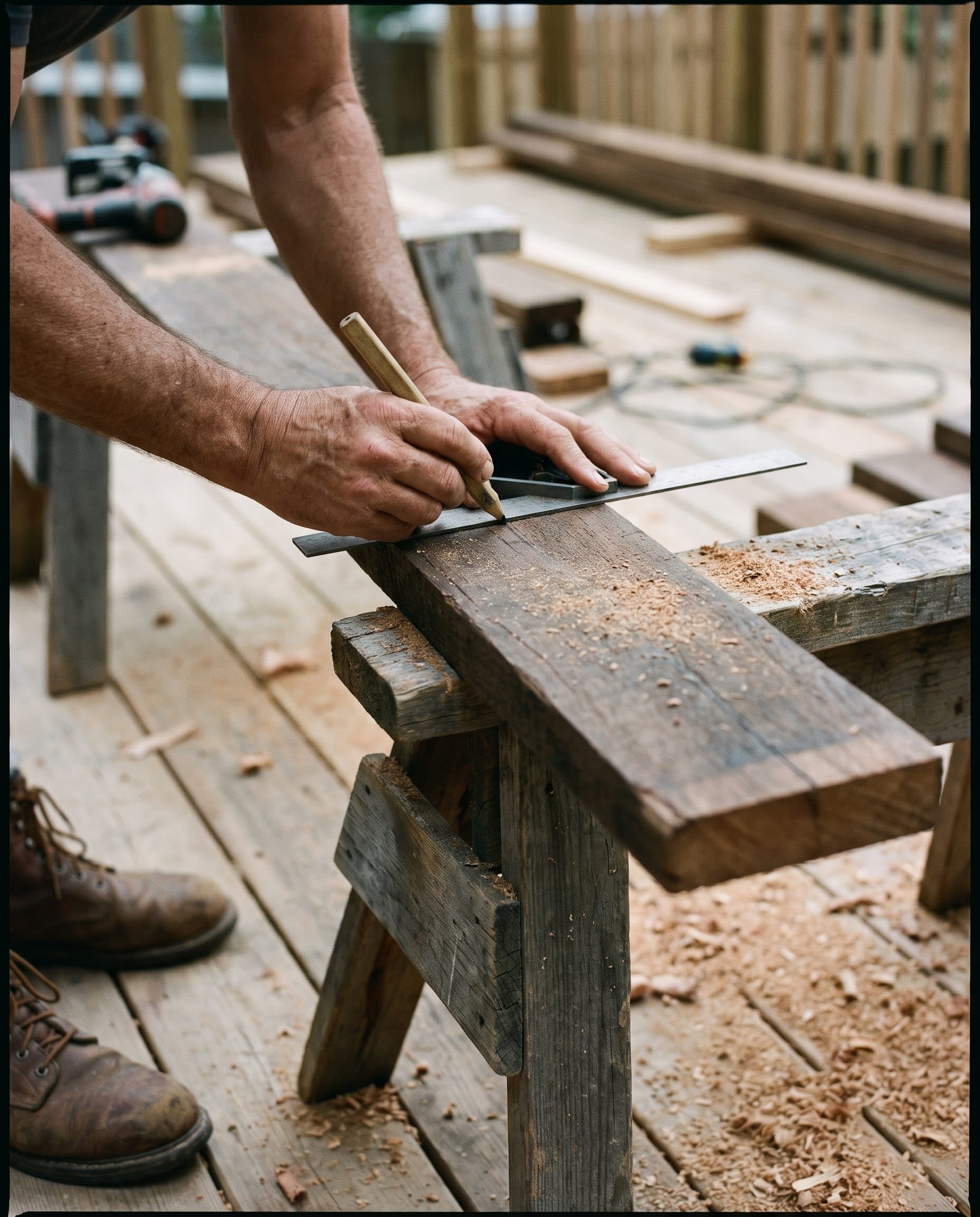 A carpenter marking timber on a sawhorse