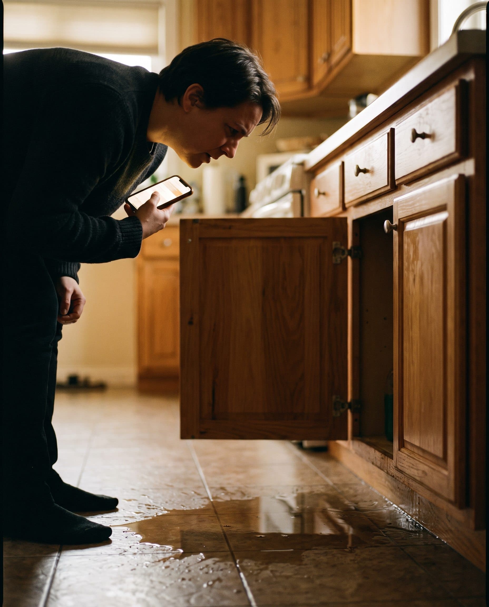 A homeowner at night looking at their phone beside water spreading across the kitchen floor