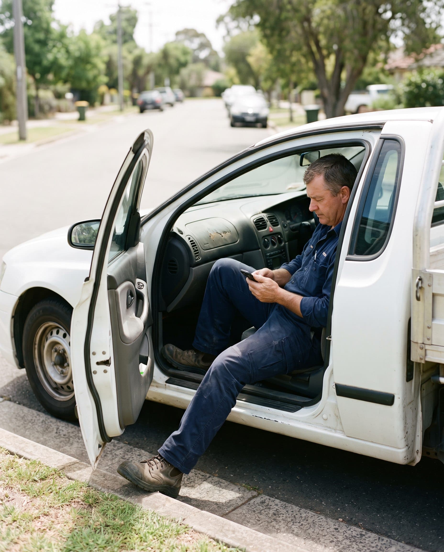 A plumber sitting in his ute checking his phone between jobs