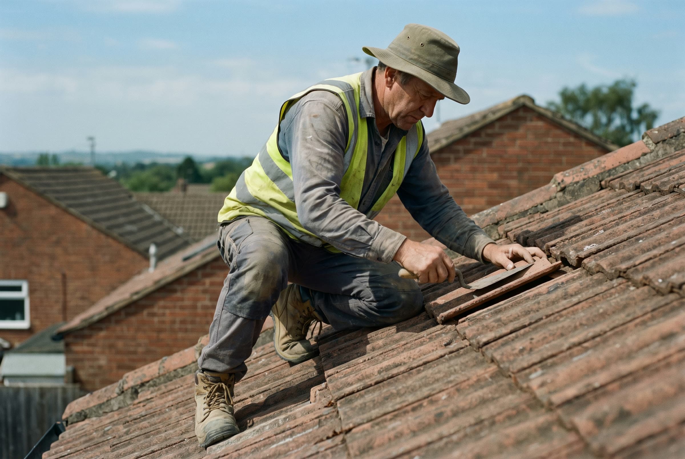 A roofer replacing terracotta roof tiles